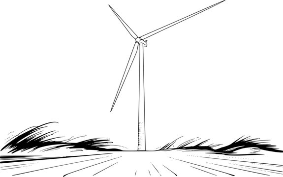 Una l&iacute;nea simple en blanco y negro de una turbina e&oacute;lica alta situada en un paisaje de campo de hierba