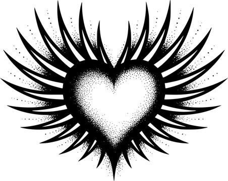 Un coraz&oacute;n estilizado en blanco y negro con rayos puntiagudos afilados y textura de punteado