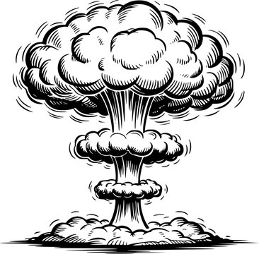 Imagen estilizada en blanco y negro de una enorme explosi&oacute;n de nube de hongo aislada sobre un fondo blanco
