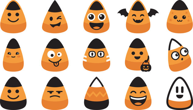 A collection of cute candy corn characters with various funny facial expressions for a festive and colorful halloween holiday celebration graphic design