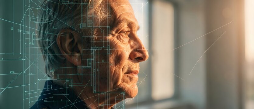 Senior man visualizing blueprint and future architecture