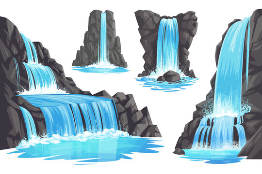 Colecci&oacute;n de cascadas de dibujos animados con agua azul fluyendo y acantilados rocosos oscuros sobre fondo blanco
