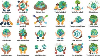 Fototapeta premium Earth Day and Environmental Conservation Illustration Collection Featuring Global Sustainability, Tree Planting, Renewable Energy, Recycling, Biodiversity, and Eco Protection Vector Set