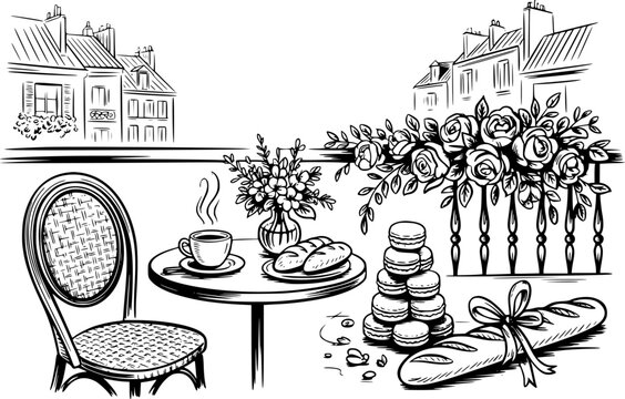 Dibujo a mano de un acogedor balc&oacute;n parisino con una mesa de caf&eacute;, macarrones y pan fresco en la ciudad