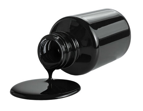 Black Liquid Pouring from a Glass Bottle onto a Solid Surface Isolated