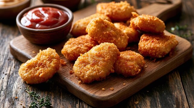Crispy golden-brown nuggets with a bowl of rich red dipping sauce, artfully arranged on a rustic wooden board, ready for a delicious meal or appetizer