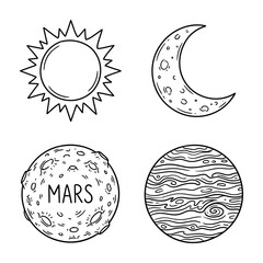 Hand drawn solar system elements set with sun moon mars and jupiter planets sketch doodle © CoreVector