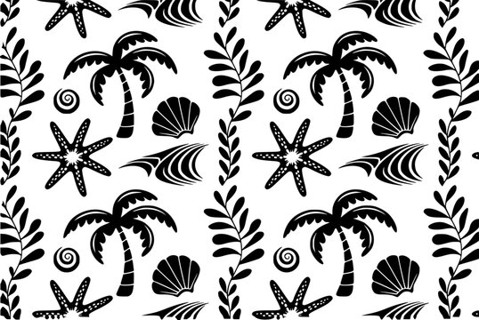 Patr&oacute;n tropical continuo con palmeras negras, estrellas de mar, conchas marinas y follaje sobre un fondo blanco