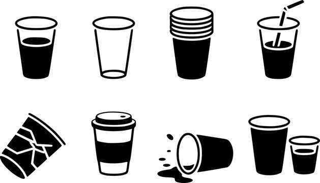 Conjunto de dibujos en blanco y negro que representan varios vasos desechables de pl&aacute;stico y papel para bebidas