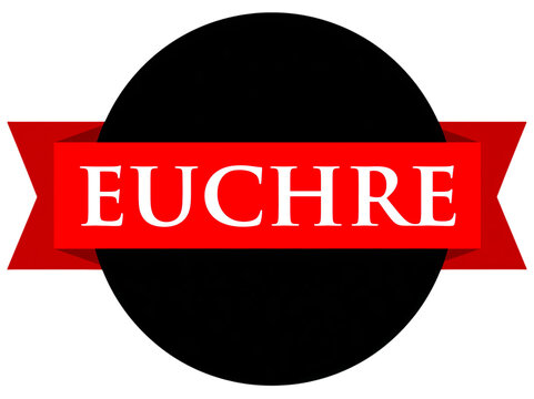 Euchre card game logo design with red ribbon