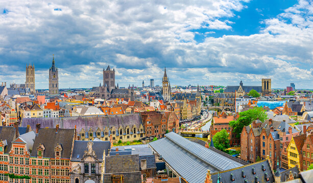 Ghent cityscape with aerial panoramic view of Ghent city historic centre with old buildings and famous sights in Ghent old town, Gent panorama horizon, East Flanders province, Flemish region, Belgium