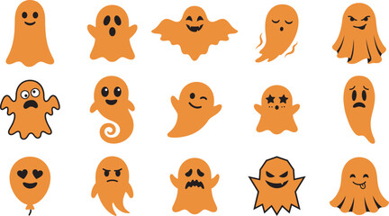 Fototapeta premium A collection of cute orange ghost characters with various funny facial expressions designed as stickers for a fun and spooky halloween celebration