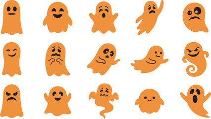 Fototapeta premium A collection of cute orange ghost characters with various funny expressions designed as stickers for a fun and spooky halloween party celebration