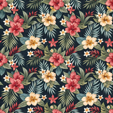 Seamless Tropical Floral Pattern with Hibiscus Palm Leaves and Exotic Flowers on Dark Navy Background
