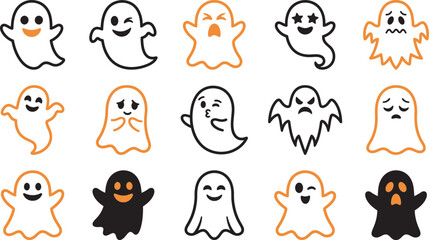 Fototapeta premium A collection of cute and spooky ghost illustrations designed for halloween decorations featuring various expressions and styles on a plain white background