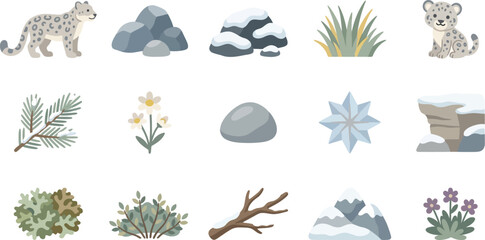 Set of cute snow leopard illustrations and alpine mountain nature elements in a soft scandinavian design style © KhadizaAkter