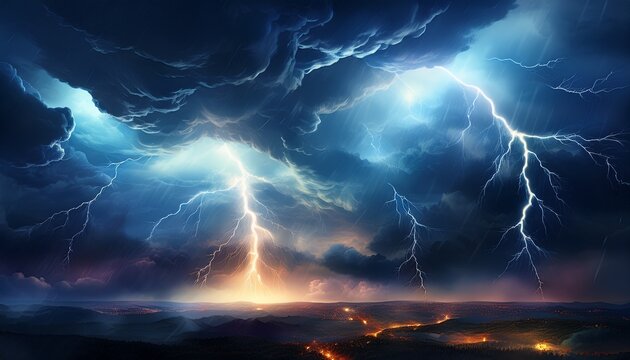 lightning bolts are illuminating a dramatic stormy sky full of dark clouds creating a powerful and intense atmosphere