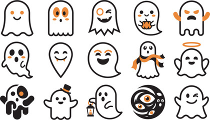 Fototapeta premium A collection of cute hand drawn ghost characters featuring various expressions and poses perfect for fun halloween party decorations and digital designs