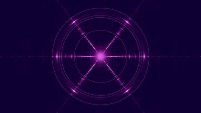 vibrant purple geometric starburst graphic with glowing energy lines and concentric circles for tech, digital