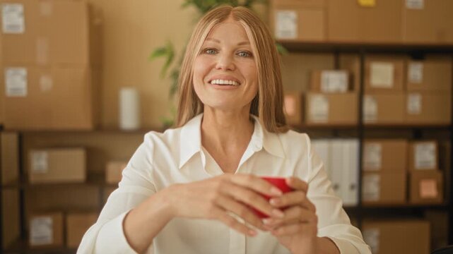 Woman holding red cup and smiling, hands wrapped around mug with parcel boxes on shelves in a building; entrepreneurial confidence.