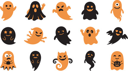 Fototapeta premium A collection of cute and spooky ghost stickers featuring various orange and black designs perfect for decorating during the festive halloween season