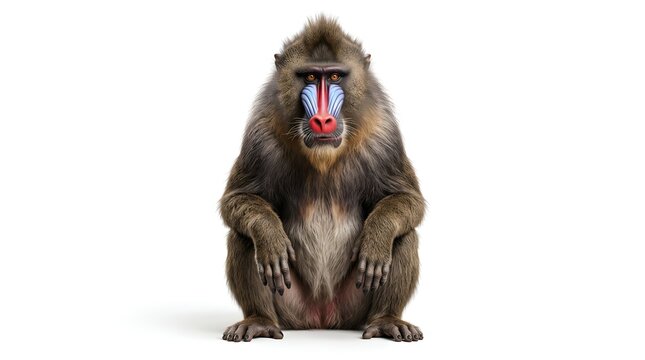 Full body portrait of a male mandrill sitting on white background.