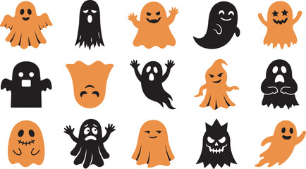 Fototapeta premium A collection of cute cartoon ghost stickers featuring orange and black colors perfect for decorating various items during the fun halloween season