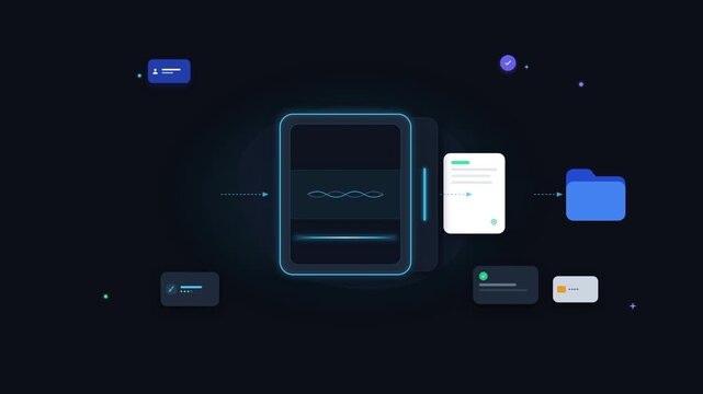 Identity Access Management IAM Interface Animation with Document Scanning and Encrypted Folder, Cyber Security Gateway and Document Verification Checkpoint