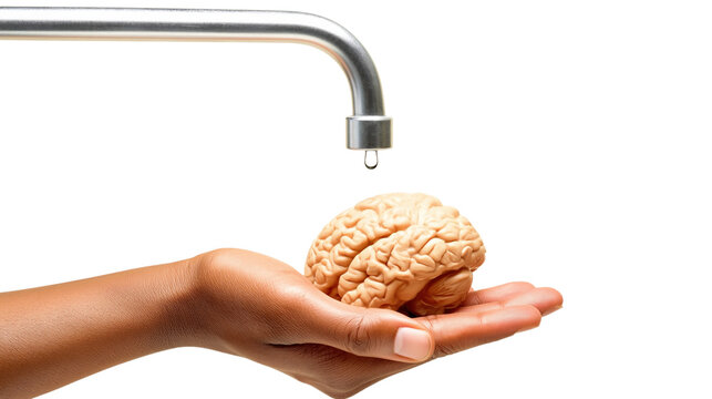 Hand holding brain with water from faucet isolated on transparent background PNG element