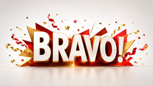 Colorful 3d bravo text typography design with party confetti and streamers.