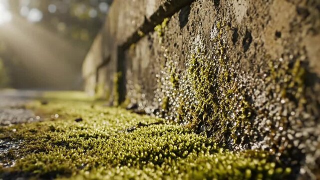 Green moss growing on concrete wall with sun flare and water droplets, macro nature background, cinematic forest morning light