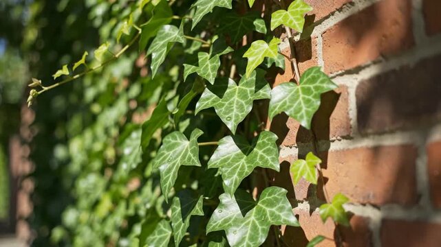 Lush green ivy climbing on rustic red brick wall, natural botanical background, for architectural and, eco-friendly concepts