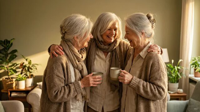 Three older women stand closely together in warmly lit living room, laughing with smiling eyes while one points playfully and another holds mug, creating warm supportive home scene
