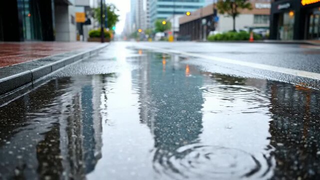Raindrops rippling in puddle on city street, cinematic urban rainy day atmosphere with bokeh reflections of buildings and traffic lights