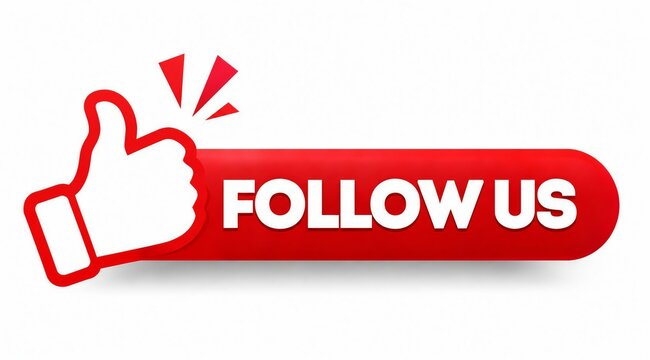 Red follow us thumb up icon with fire spark effect