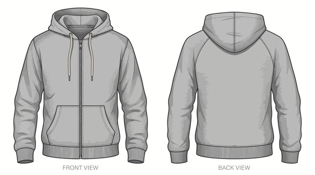 Blank Gray Zip Up Hoodie Vector Mockup Front and Back View Template