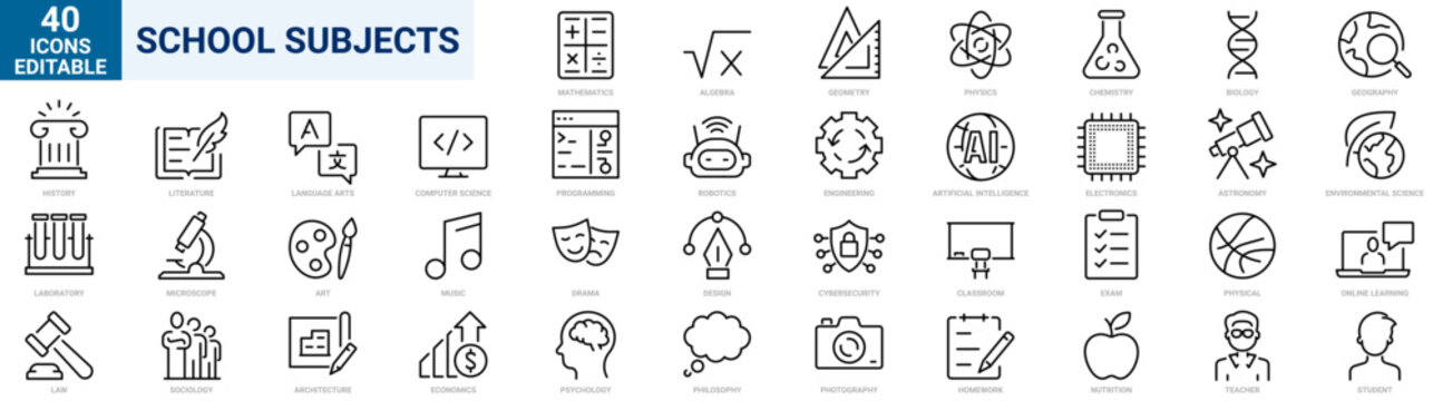 School Subjects Line Icons Set. Outline Education, Learning, Academic Subjects, Editable Stroke Vector Collection