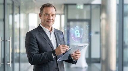 Fototapeta premium Business Executive Reviewing Cybersecurity Compliance with Secure Data Protection Clipboard