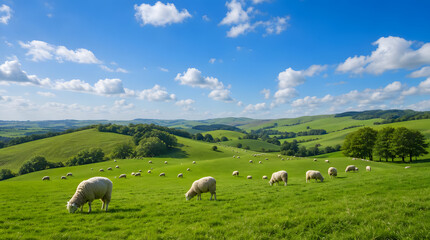 Fototapeta premium Sheep grazing on rolling green hills. Pastoral landscape with livestock in a sunny meadow.
