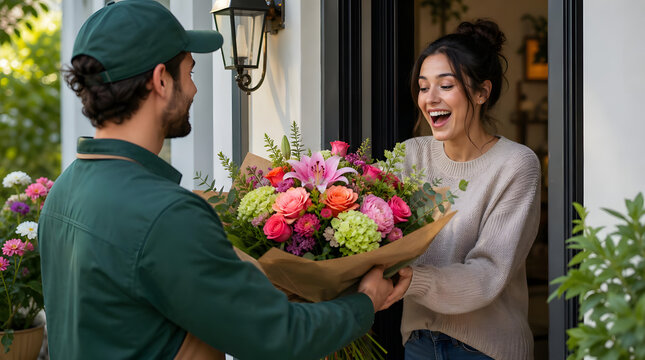 Florist delivering flowers to a happy customer. Courier handing bouquet at front door.