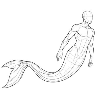 Hand drawn sketch of full body male mermaid gliding gracefully relaxed pose. Black line art illustration.