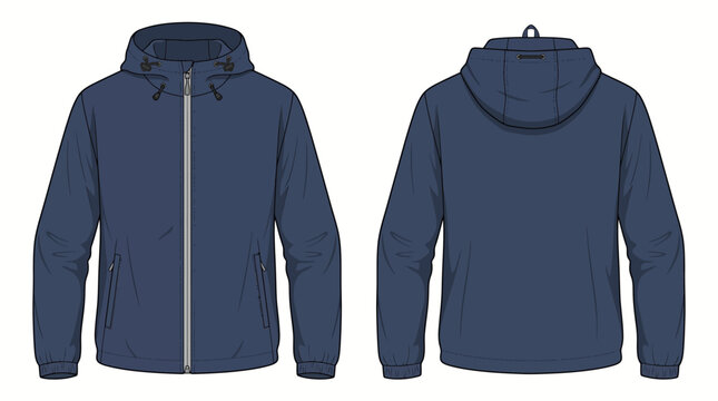 Hooded windbreaker jacket mockup front and back view navy blue technical vector design