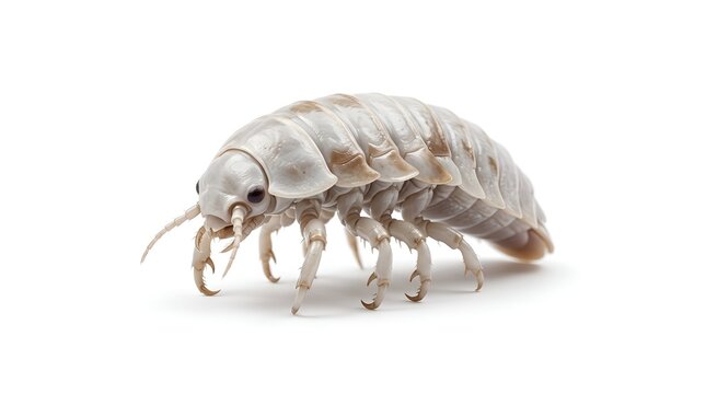 Macro photograph of a woodlouse on white background.