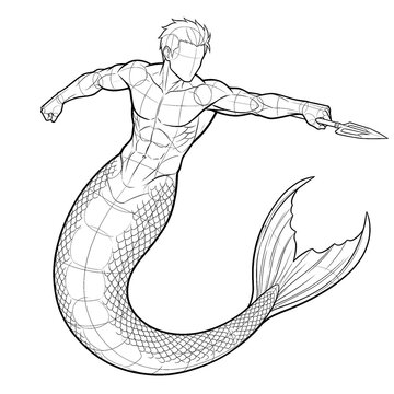 Hand drawn sketch of full body male mermaid evading and countering attack. Black line art illustration.