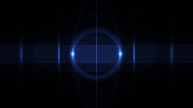 central glowing blue circular icon surrounded by four faint geometric shapes symbolizing technology, digital connection, energy,