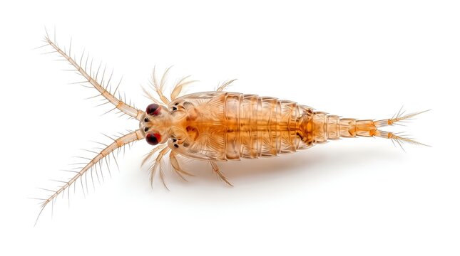 Macro photography of a tiny aquatic copepod crustacean isolated on white background.