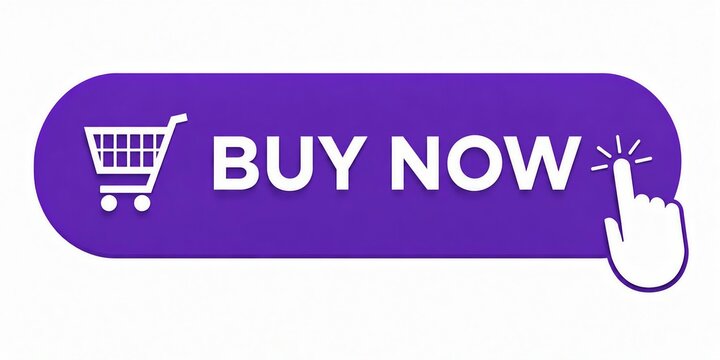 Purple buy now shopping button with shopping cart icon and finger tap