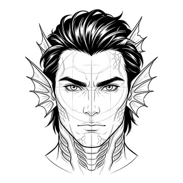Hand drawn sketch of abyssal male mermaid portrait isolated on white background. Black line art merman illustration.
