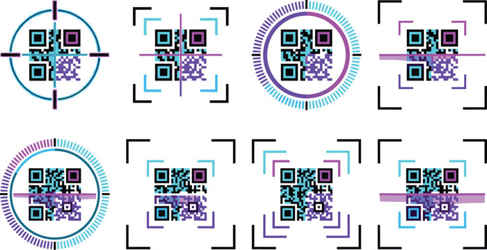 Collection of qr code scanning with target frames, circular scopes, and digital scanning lines on a white background