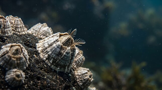 Macro view of barnacles feeding on a rocky coastal surface.